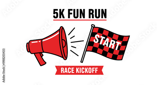 Energetic 5K Fun Run Emblem: Start Flag, Red Megaphone, and Bold Race Kickoff Text