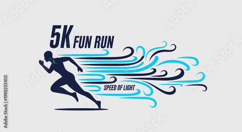 Energetic 5K Fun Run Emblem with Speed-Of-Light Trails and Dynamic Illustration