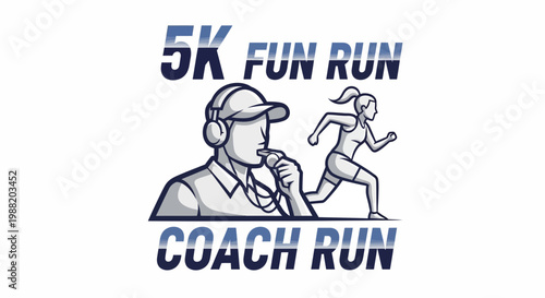 Energetic 5K Fun Run Emblem With Coach Guiding Runner Towards Fitness Goals