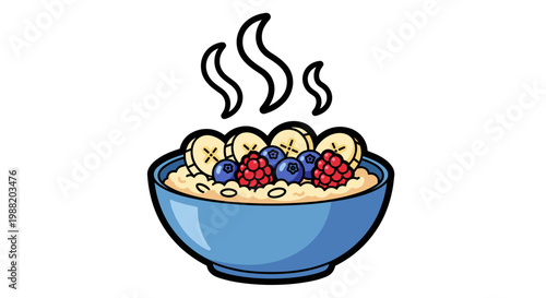 Illustration of a steaming blue bowl filled with oatmeal topped with fresh fruit including banana slices, blueberries, and raspberries on white background