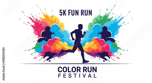 Energetic 5K Fun Run Event with Colorful Splashes and Silhouette Runner, Festival Vibe