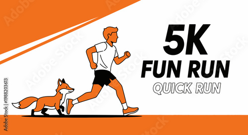 Energetic 5K Fun Run Illustration Depicting Athlete and Fox Amidst Vivid Orange and White