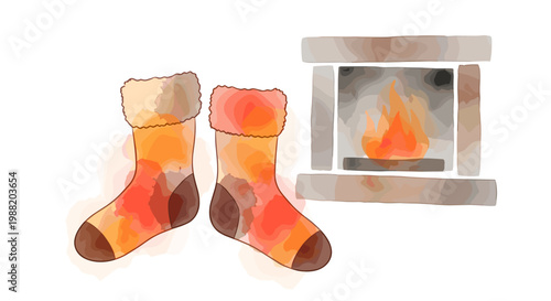 Cozy warm socks in orange and brown tones next to a crackling fireplace, captured in a watercolor illustration with a soft, inviting atmosphere