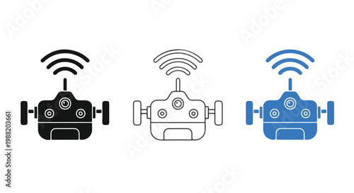 Three remote control cars in different colors black white and blue with wireless signals on a white background