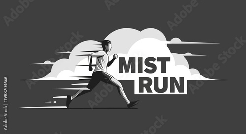Dynamic Movement Illustration of a Runner in Monochromatic Style with MIST and RUN Text