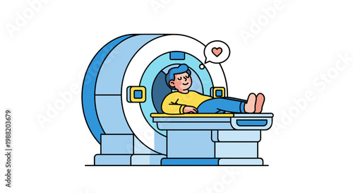 Illustration of a relaxed person inside an MRI machine with a thought bubble showing a heart, set against a minimalist white background