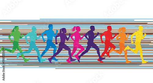 Dynamic Multicolored Silhouettes of Diverse Runners in Motion