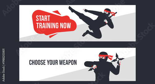 Dynamic Ninja Graphics Depicting Martial Arts Training and Weaponry Selection