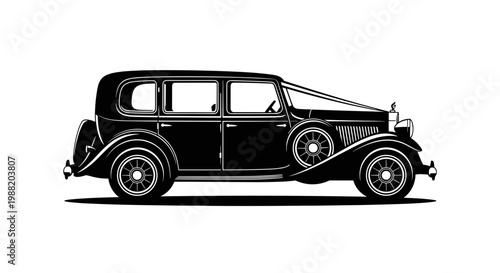 Detailed black and white illustration of a vintage wedding car in classic side profile on a clean white background