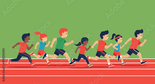 Energetic Children Competing in a Sprint Race on a Track Illustrative Vector Style