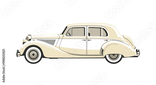 Illustration of a vintage wedding car in classic cream color with elegant curves on a white background, showcasing retro automotive design