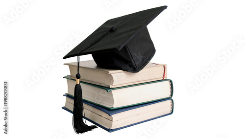 Foto Graduation cap on top of stacked books at an academic setting indicating the end