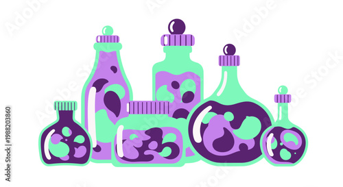 Colorful illustration of various jars filled with vibrant purple and green herbal extracts, set against a clean white background