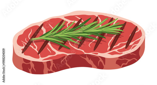 Illustration of a juicy beef steak with grill marks, garnished with a sprig of fresh rosemary, isolated on a white background