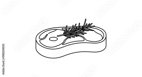 Minimalist illustration of a beef steak garnished with rosemary on a white background, black and white line art emphasizing simplicity and elegance