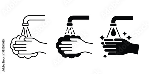 Icon set illustrating hand washing with soap and water under a faucet, showing foam and clean sparkling hands.