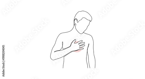Minimalistic line drawing of a man clutching his chest in pain, with a simple white background emphasizing the figures gesture and expression of discomfort