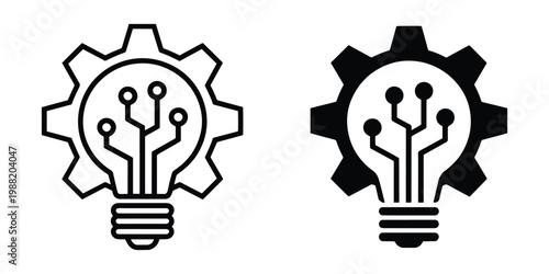 Conceptual icon combining a light bulb with a gear and circuit board, symbolizing innovation, technology, and ideas.