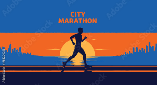 Energetic City Marathon Runner Silhouette During Sunrise With Silhouette And Urban Cityscape