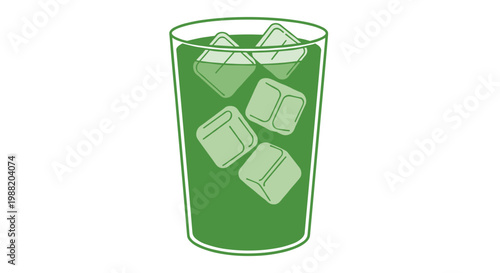 Illustration of a cup filled with iced green tea featuring transparent ice cubes on a white background