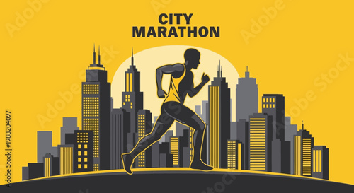 Energetic City Marathon Runner Silhouette With Skyscrapers Under a Colorful Sunset