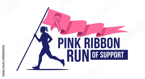 Dynamic Runner Carries Pink Ribbon Flag For Breast Cancer Awareness