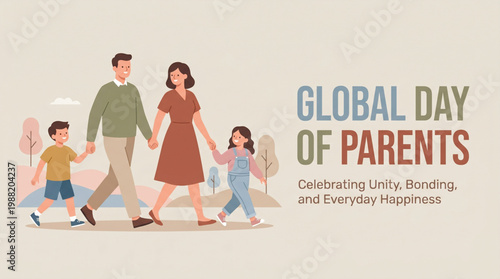 Global day of parents happy family walking together illustration with soft pastel background for greeting card social media banner and celebration campaign design