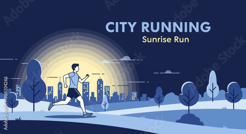 Energetic City Runner Enjoying Sunrise In Park With Urban Landscape At Dawn Time