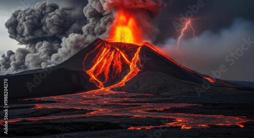 Erupting Volcano with Lightning Strike