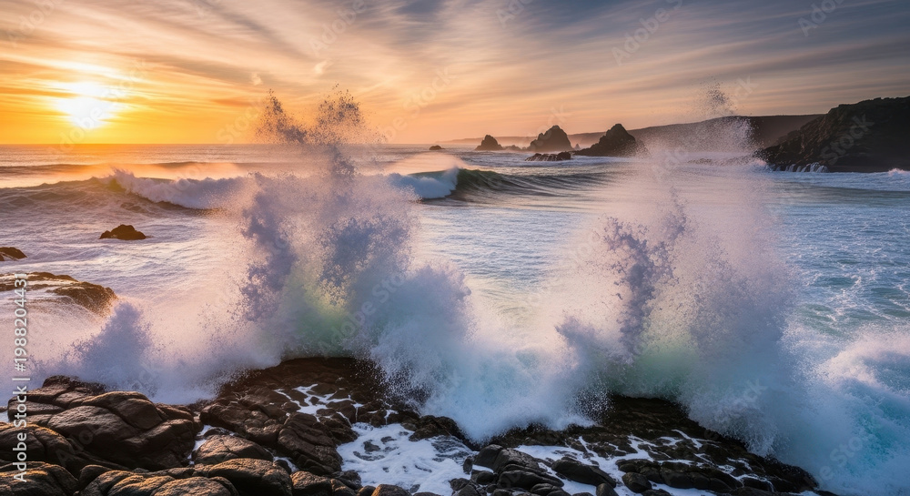 Fototapeta premium Waves crashing against rocks during sunset