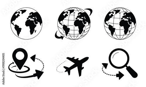 Global travel and navigation icons featuring rotating Earth globes, airplane, location pin, and magnifying glass for worldwide journeys.