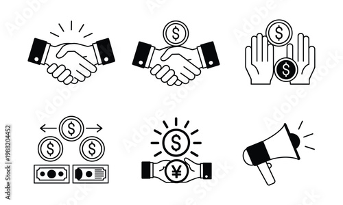 Set of business and finance icons including handshakes, money, coins, and megaphone, representing deals and transactions.