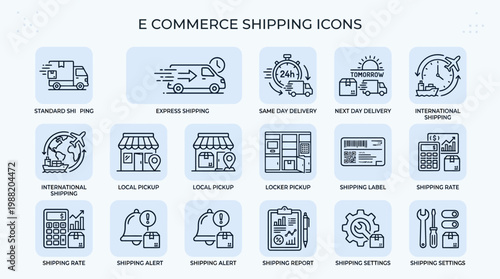 Set of linear e commerce shipping and logistics icons for delivery services.