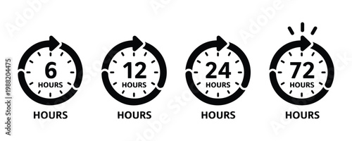 Group of four circular timer icons representing time intervals of 6, 12, 24, and 72 hours with elapsed time indicators.