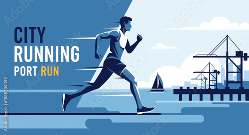 Energetic City Runner Sprinting Through Modern Port Silhouetted Against a Calm Seaside Setting