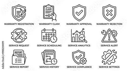 Set of Service and Warranty Icons for Business and Technical Support.