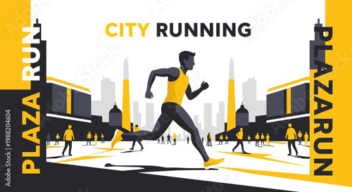 Energetic City Runner Sprinting Through Urban Plaza with Dynamic Vector Graphics Design