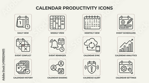 Set of Twelve Linear Calendar Productivity Icons for Time Management and Planning.