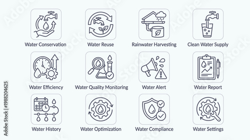 Set of Water Management Icons Illustrating Conservation and Efficiency.