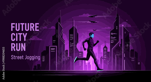 Dynamic Runner in a Futuristic Metropolis, Street Jogging, Neon Cityscape, Purple Hues