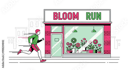 Energetic Runner Approaching the Bloom Run Storefront with Eye-Catching Floral Display