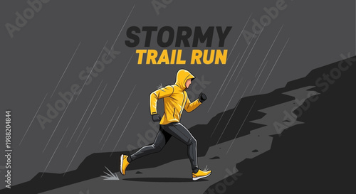 Dynamic Trail Runner Overcoming Stormy Weather Challenges