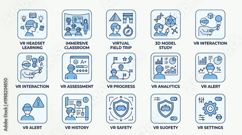 Virtual Reality Education and Technology Icons Set.