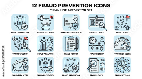 12 Fraud Prevention Icons Clean Line Art Vector Set.