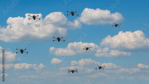 Group of surveillance drones in front with sunset sky scene background