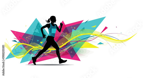 Energetic Female Runner Silhouetted Against Vibrant Geometric Abstract Background Design