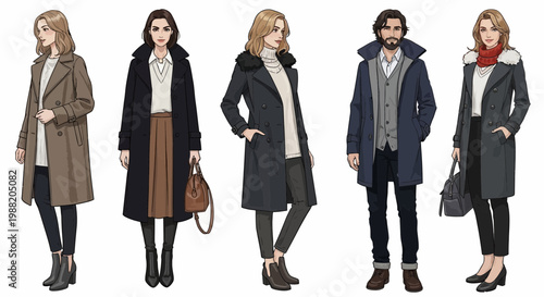 Elegant Individuals in Stylish Coats and Chic Attire, Perfect For Fashion Editorial.