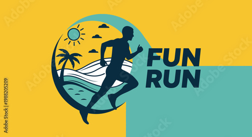 Energetic Fun Run Design Featuring a Dynamic Silhouette with Coastal Landscape Illustration