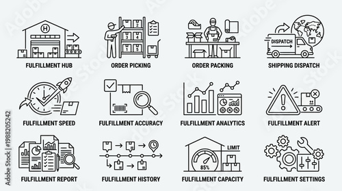 Hand Drawn Vector Icons Set Representing Order Fulfillment and Logistics Management Processes.