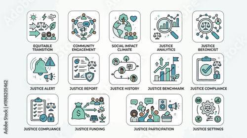 Justice Icons Set Representing Various Concepts.